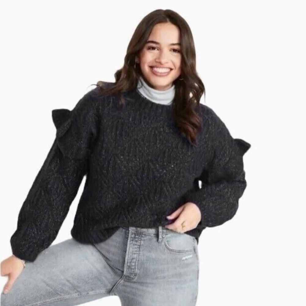 Old Navy Ruffle-Trim Pointelle-Knit Sweater Black Jack Shimmer